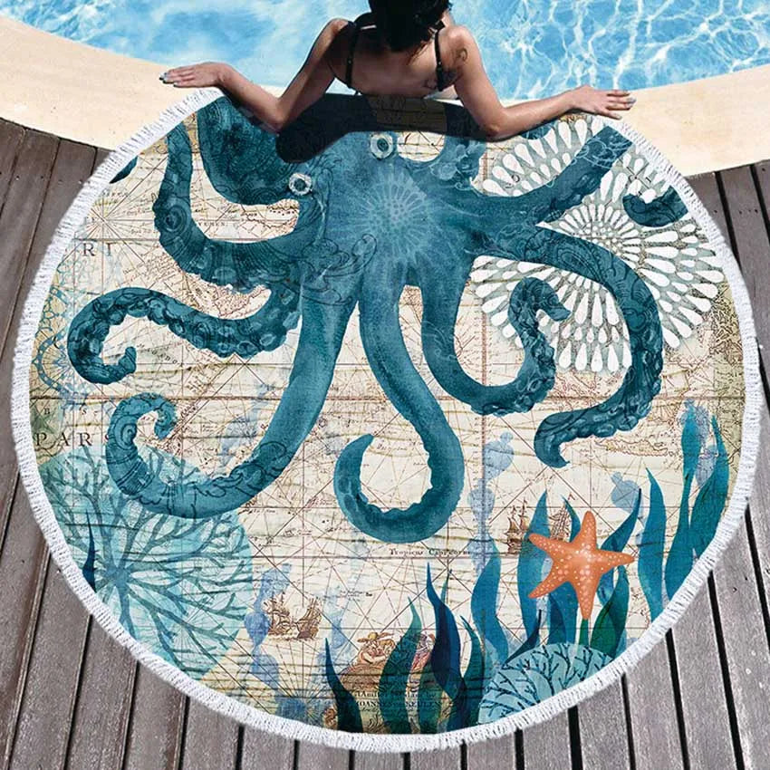 Sea Turtle Round Beach Towel Undersea World Thick Shower Bath Towels Microfiber Summer Swim Circle Yoga Mat With Tassels