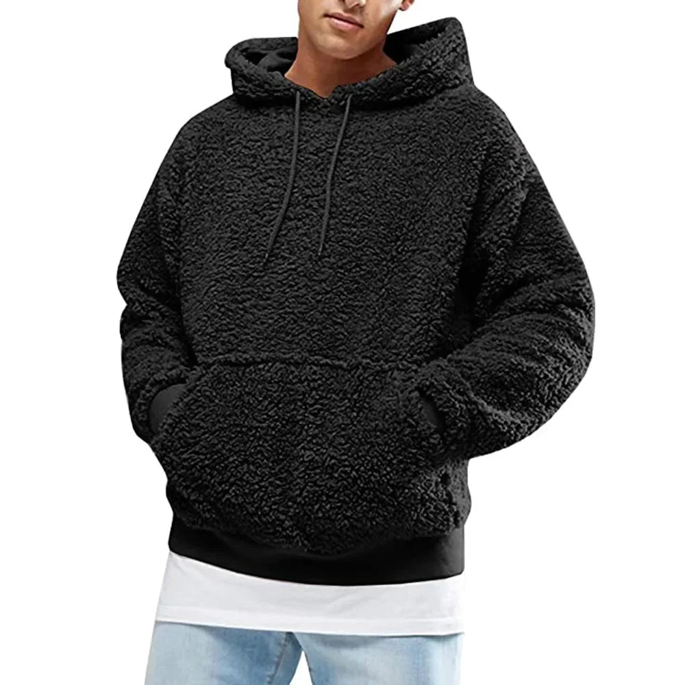 2024 Autumn Winter Men's Tops Plush Hooded Sweater Fashion Solid Warm Hoodies Y2K Streetwear in Hooded Sweatshirts Mens Clothes