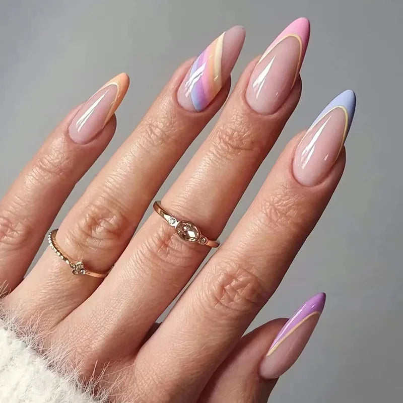 24pcs French Rainbow Fake Nails Simple Almond False Nails Art Waterproof Removable Artificial Press on Nail with Accessories