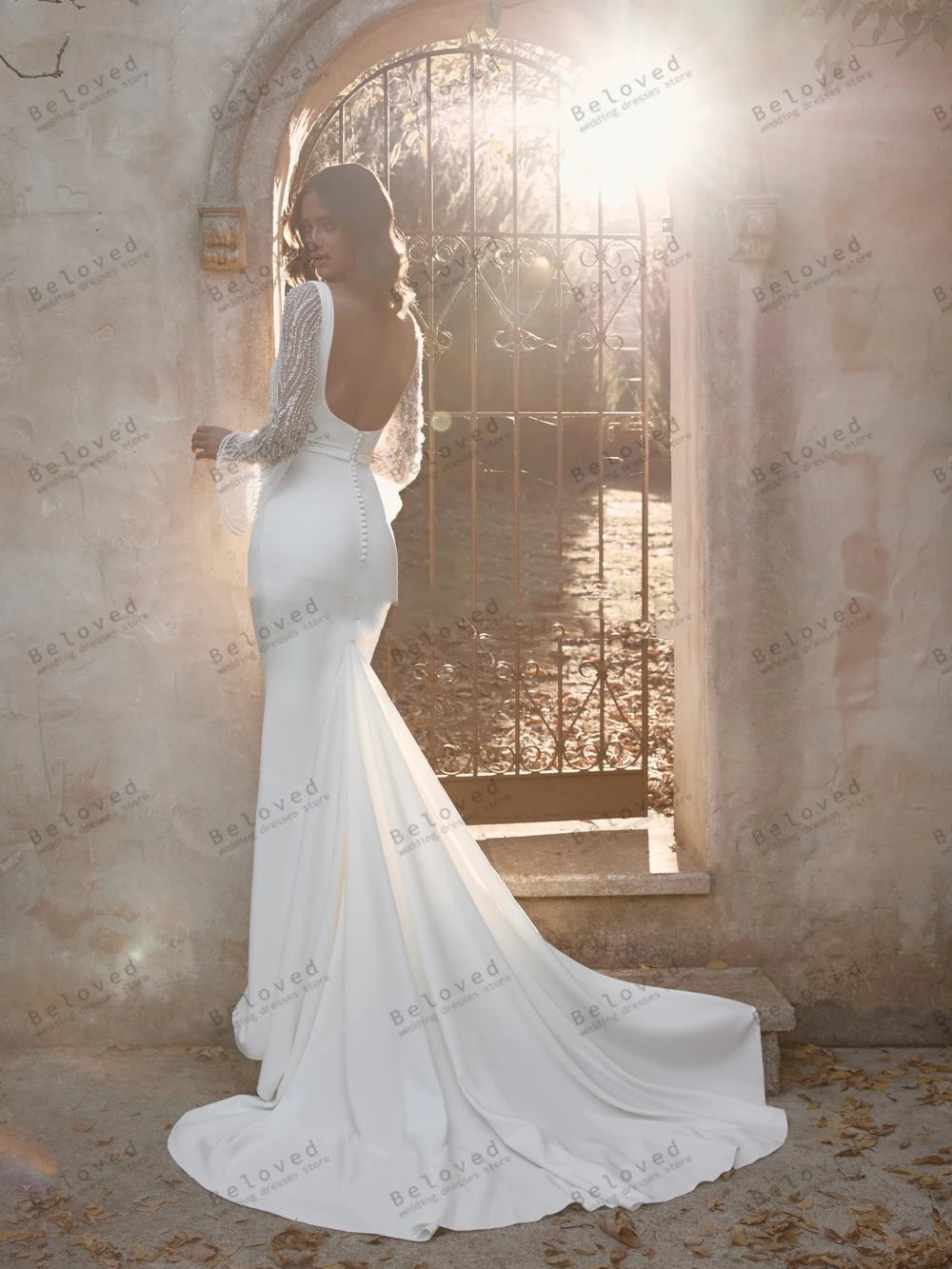 Modern Wedding Dresses Satin Bridal Gowns Full Sleeves Lace Appliques Square Collar Robes Glamorous Vestidos De Novia Customized