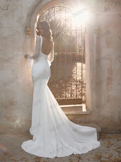 Modern Wedding Dresses Satin Bridal Gowns Full Sleeves Lace Appliques Square Collar Robes Glamorous Vestidos De Novia Customized