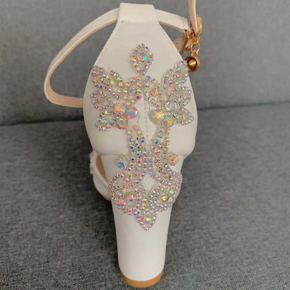 2025 Thick Heel Pointed Toe Shoes Large Size  Thick Heel Sandals Women Rhinestone Wedding Shoes Women White Wedding Shoes Drill