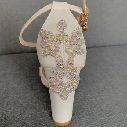 2025 Thick Heel Pointed Toe Shoes Large Size  Thick Heel Sandals Women Rhinestone Wedding Shoes Women White Wedding Shoes Drill