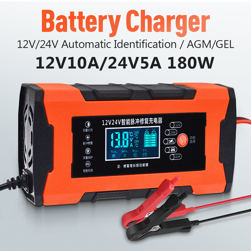 Car Battery Charger 12V 10A 24V 5A Automotive Digital Display Detection Pulse Repair Car Chargers Motorcycle Car Accesorries