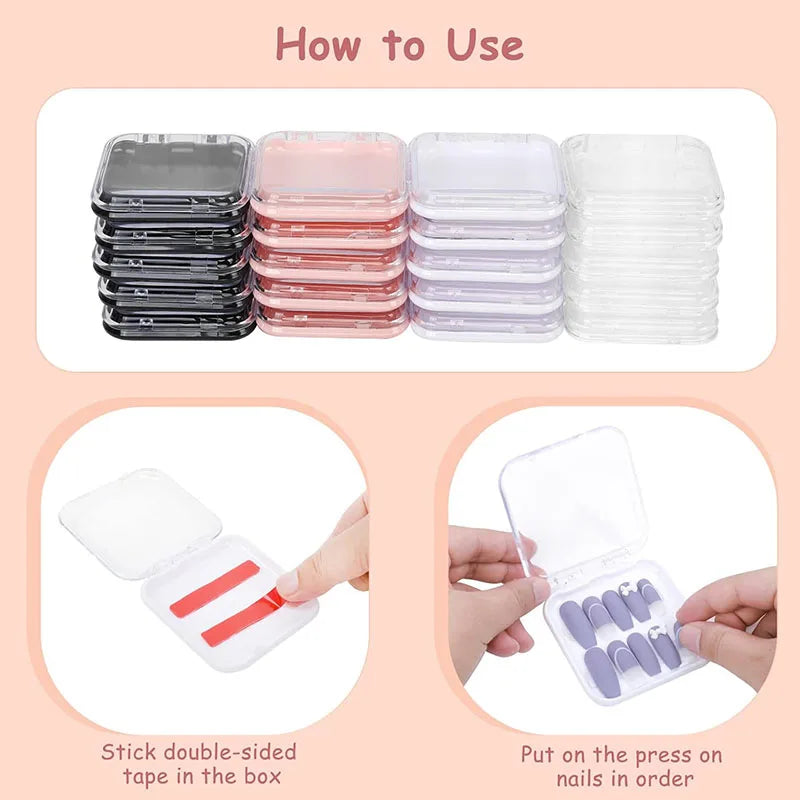 20pcs Press On Nail Packaging Boxes With Double Sided Adhesive Nail Tape Acrylic Press On Nail Storage Box in 4 Colors For Nail