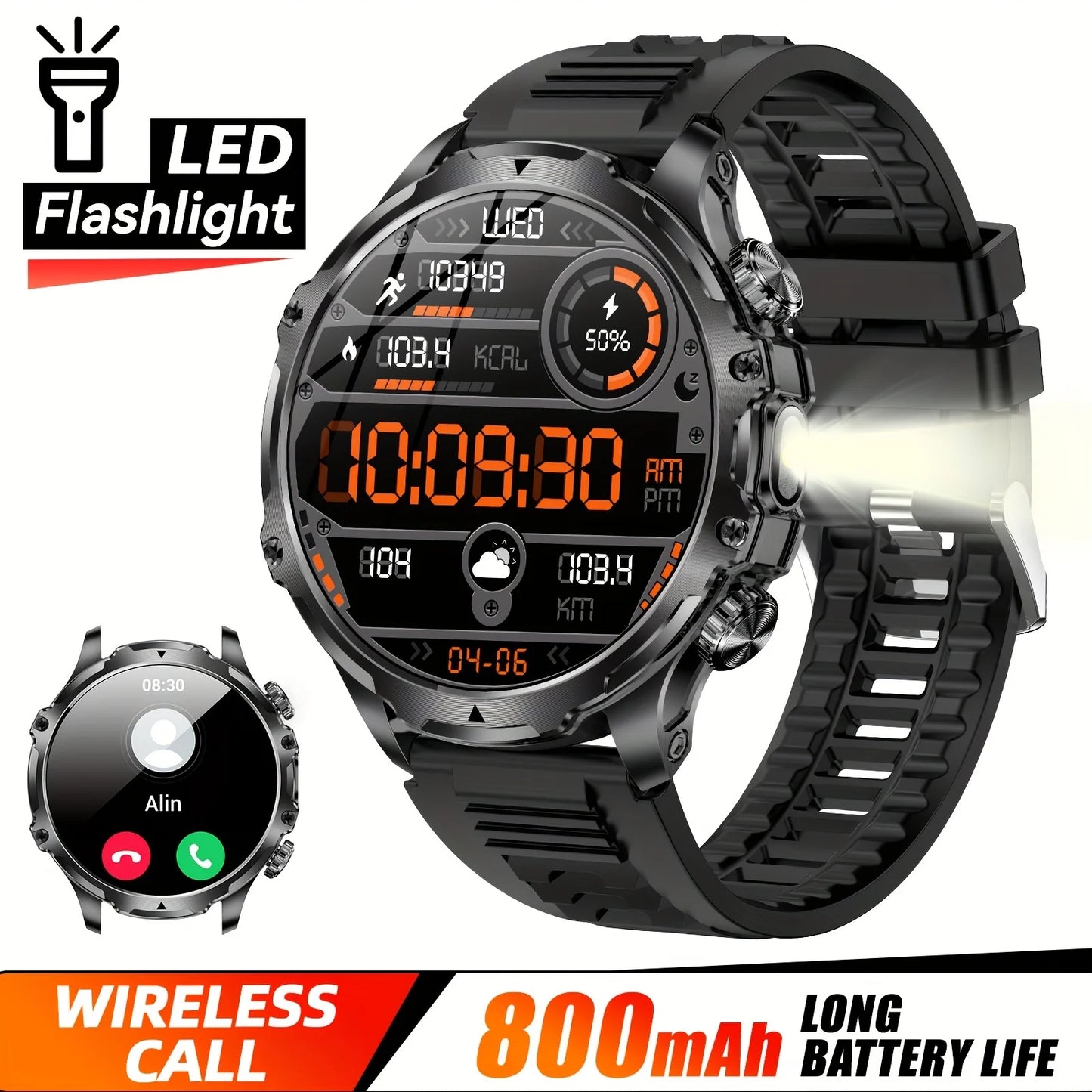 2025 Outdoor Sports Fitness Tracker Smart Watch 1.85 Inch HD Alomed 800mAh Lithium Battery Bluetooth LED Flashlight Smart Watch