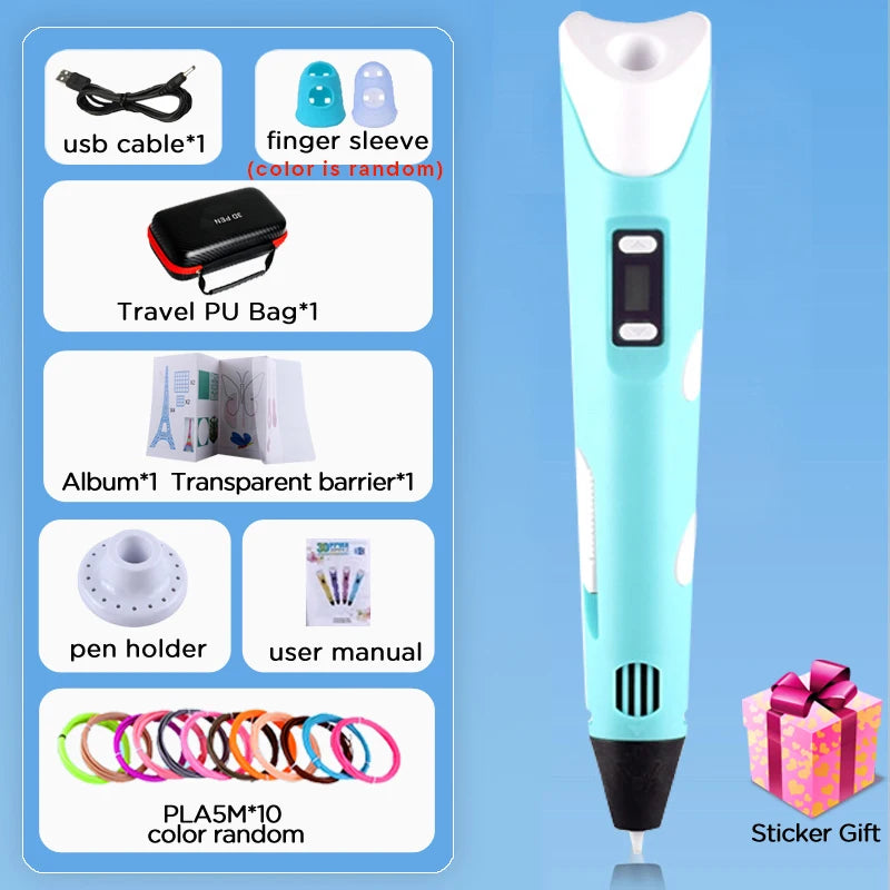 3D Printing Pen 9/50/100/200M PLA Filament LED Display With PU Case DIY Drawing Pens Stimulate Creativity Kids Toys 3D Pen