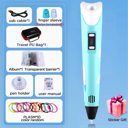 3D Printing Pen 9/50/100/200M PLA Filament LED Display With PU Case DIY Drawing Pens Stimulate Creativity Kids Toys 3D Pen