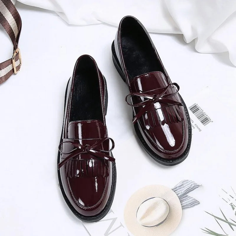 Womens Shoes Patent Leather Women Loafers British Tassel Casual Female Flat Shoes Bowknot Comfortable Small Leather Shoes