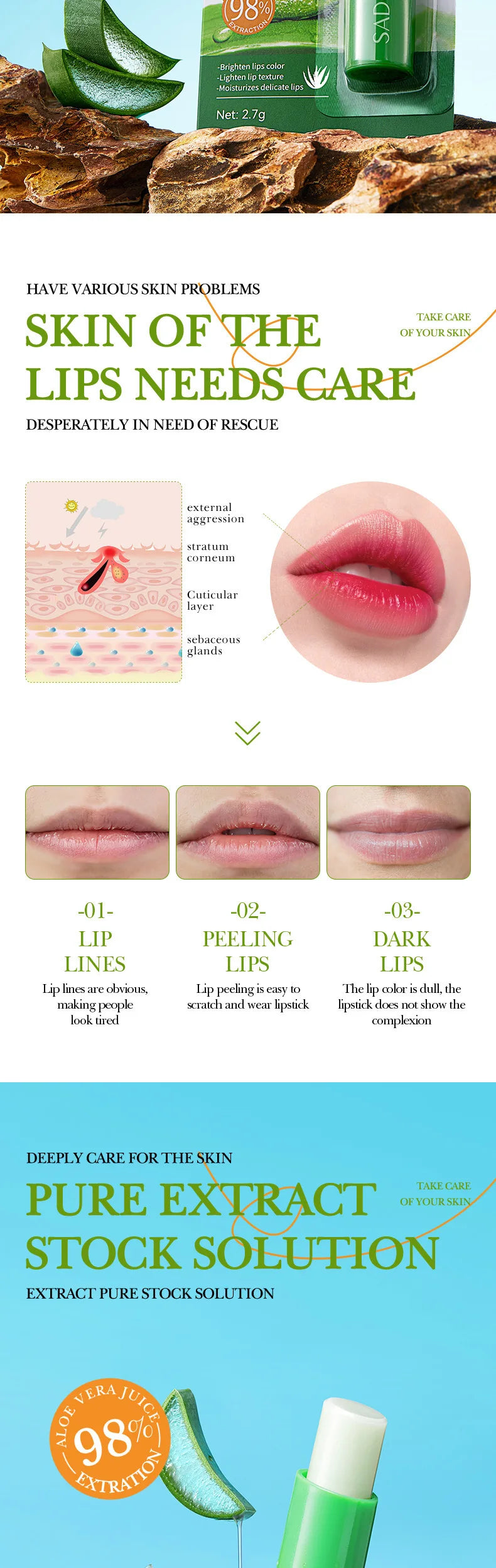 SADOER Lip Aloe Balm Nourishing, Hydrating and Moisturizing Preventing Cracking and Repairing Lips Gentle Non Irritating