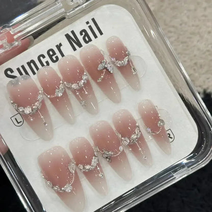 10Pcs Almond Pink Handmade Nails Set Press on Nails Long Ballet Fake Nail Simple Wearable Full Cover Nail Tips Press on Nails