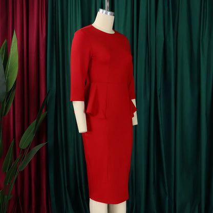 Elegant Office Dresses for Woman O Neck Full Sleeve Sheath Ruffles Package Hips Mid Calf Professional Business Work Dress Midi