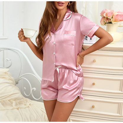 Women Silk Satin Pajamas Set Two-piece Pj Sets Sleepwear Loungewear Button-Down Pajama Women 2 Piece Pijama Homewear Shorts Set
