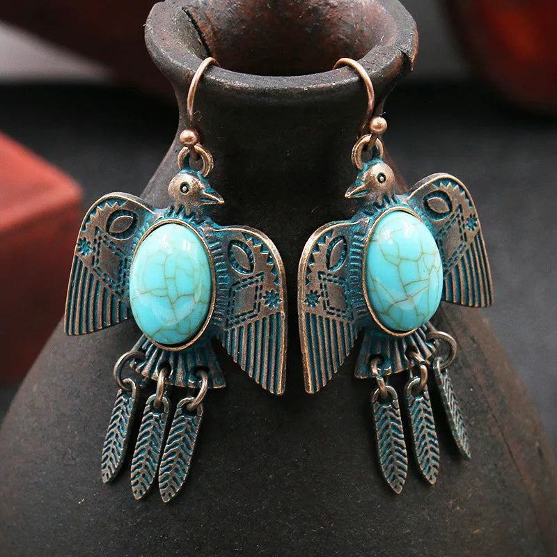 Ethnic Women's Pigeon Bohemian Earrings Vintage Bronze Gypsy Turquoises Jhumka Earrings Oorbellen