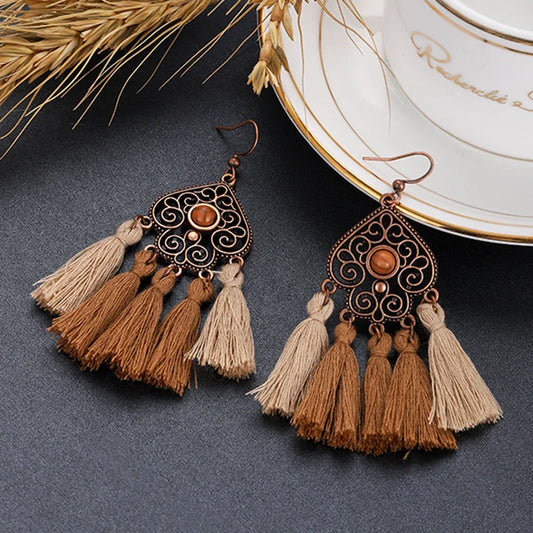 Bohemian Brown Geometric Fringe Earrings for Women Vintage Hollow Flower Beads Tassel Earrings Girls Party Jewelry Gifts