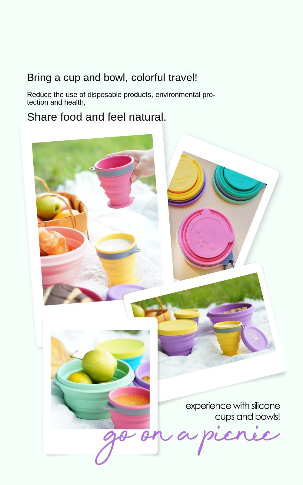 Silicone Bowl Foldable with Lid Camping Baby Travel Portable Round Large Food Container Heat Resistant Salad Bowl