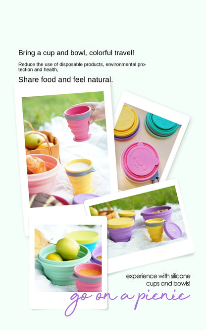 Silicone Bowl Foldable with Lid Camping Baby Travel Portable Round Large Food Container Heat Resistant Salad Bowl