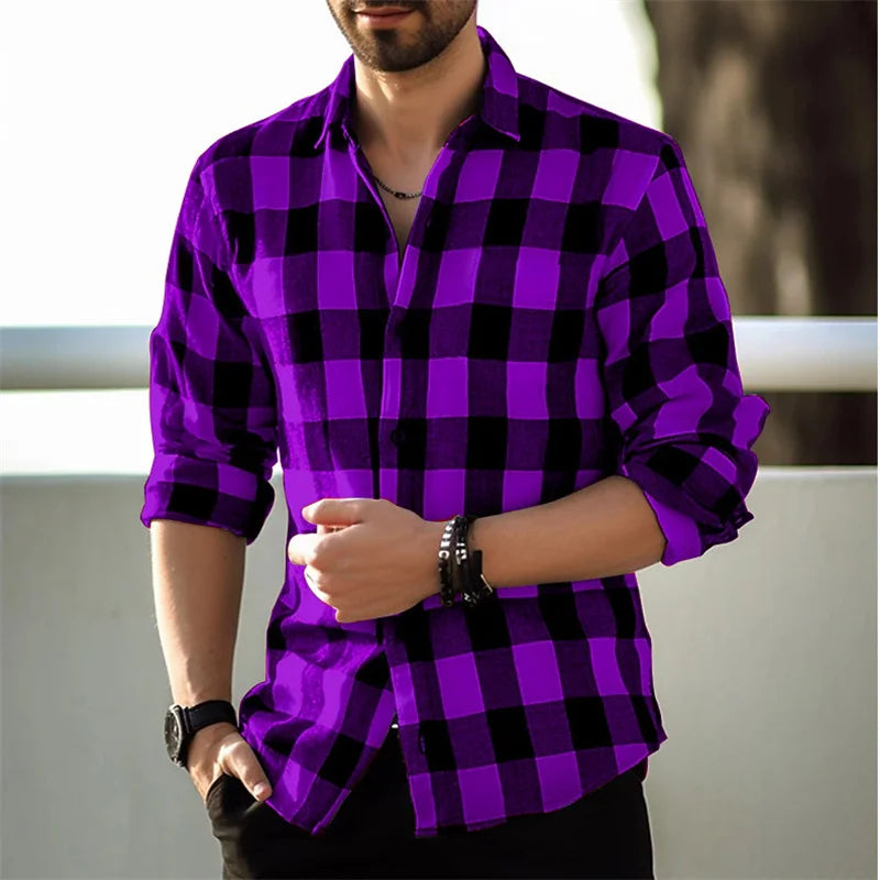 Fashion Style Black And White Plaid Shirt Men's Long-sleeve Shirt Summer New Button Lapel Shirt Street Loose Casual Top Clothing
