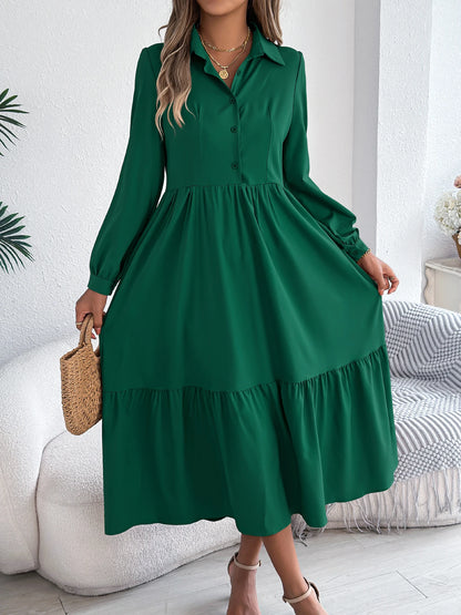 Casual Vacation Long Sleeved Turn-down Collar Single-Breasted Dress Spring Autumn Fashion Women's Clothing