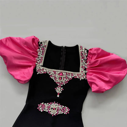 Women Elegant Puff Sleeve Bandage Dress Sexy Beading Bodycon Clothes Celebrity Party Evening Maxi Dresses