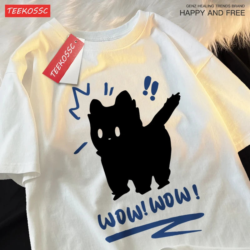 Siblings T Shirts Wow Wow Fun Black Cat Tops Casual Hip Hop Short Sleeve Sport Casual Clothing Cotton Breathable Siblings Tops