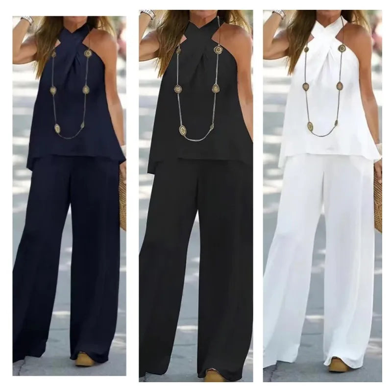 Women's Clothing 2025 New Fashion Casual Halter Neck Solid Color Sleeveless Suit Wide Leg Pants Trousers Two-piece Suit