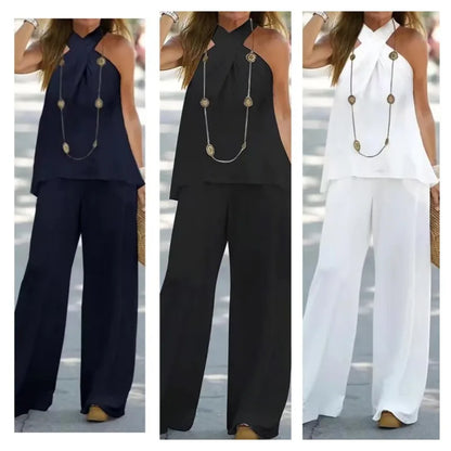 Women's Clothing 2025 New Fashion Casual Halter Neck Solid Color Sleeveless Suit Wide Leg Pants Trousers Two-piece Suit