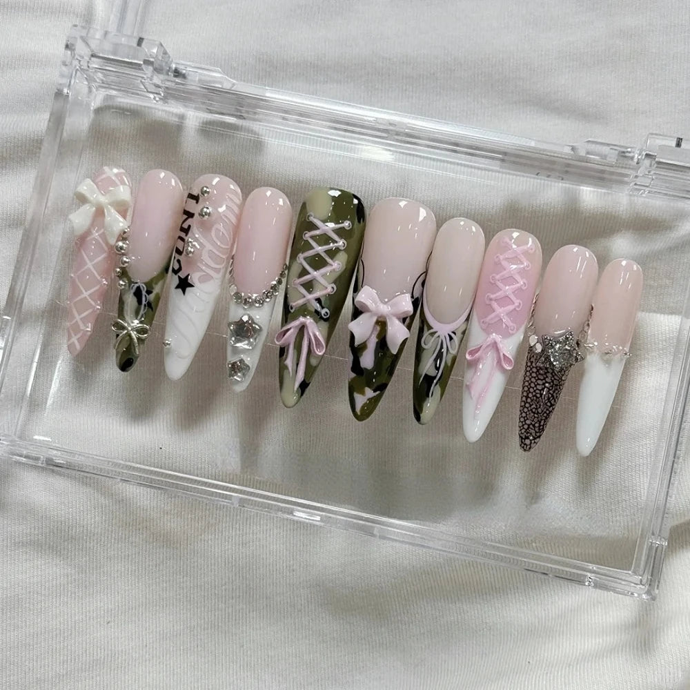 10PCS Handmade Manicure Press-On Nails French Style Medium Almond Shape with Blue Bow Design Includes Adhesive And Nail File Set