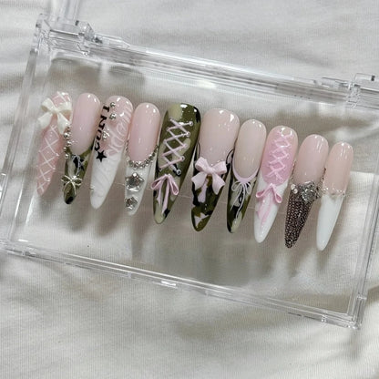 10PCS Handmade Manicure Press-On Nails French Style Medium Almond Shape with Blue Bow Design Includes Adhesive And Nail File Set