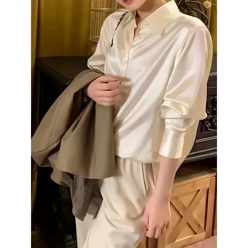 Fashion Casual Office Lady Silk Blouses Autumn Long Sleeve Button Up Shirt Women Elegant Winter Tops  Office Lady Acetate Blouse