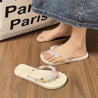 Flip-flops women's summer indoor beach shoes seaside wear eva cute bath transparent flowers non-slip
