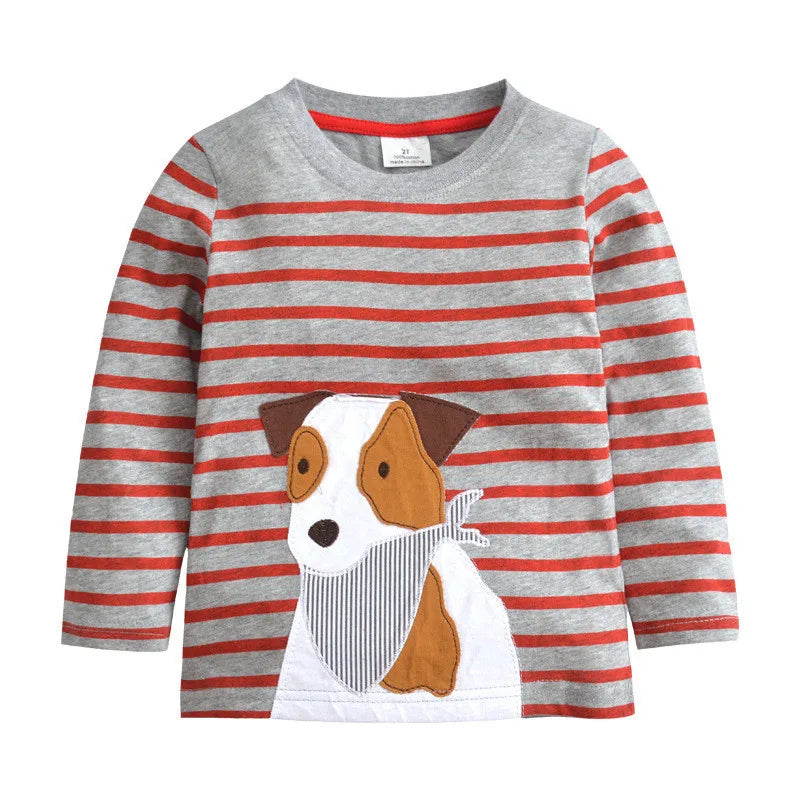 Baby Boys Girls 18-6T Striped Cartoon Tshirts With Applique Animal Kids Hot Selling Spring Autumn Clothes Designed Tops Clothing