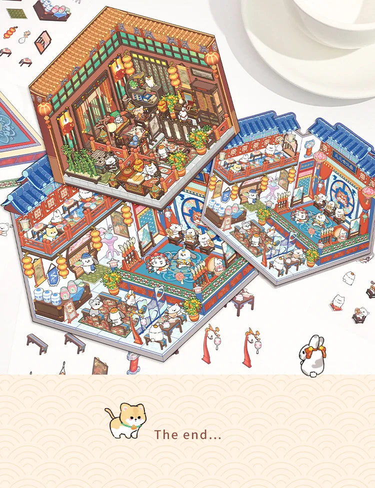 Cartoon 3D Chinatown Landscape Sticker Theater Pharmacy Restaurant DIY Pocket Cabin Scene Stickers Gift for Kid Child