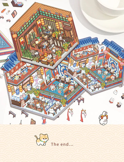 Cartoon 3D Chinatown Landscape Sticker Theater Pharmacy Restaurant DIY Pocket Cabin Scene Stickers Gift for Kid Child