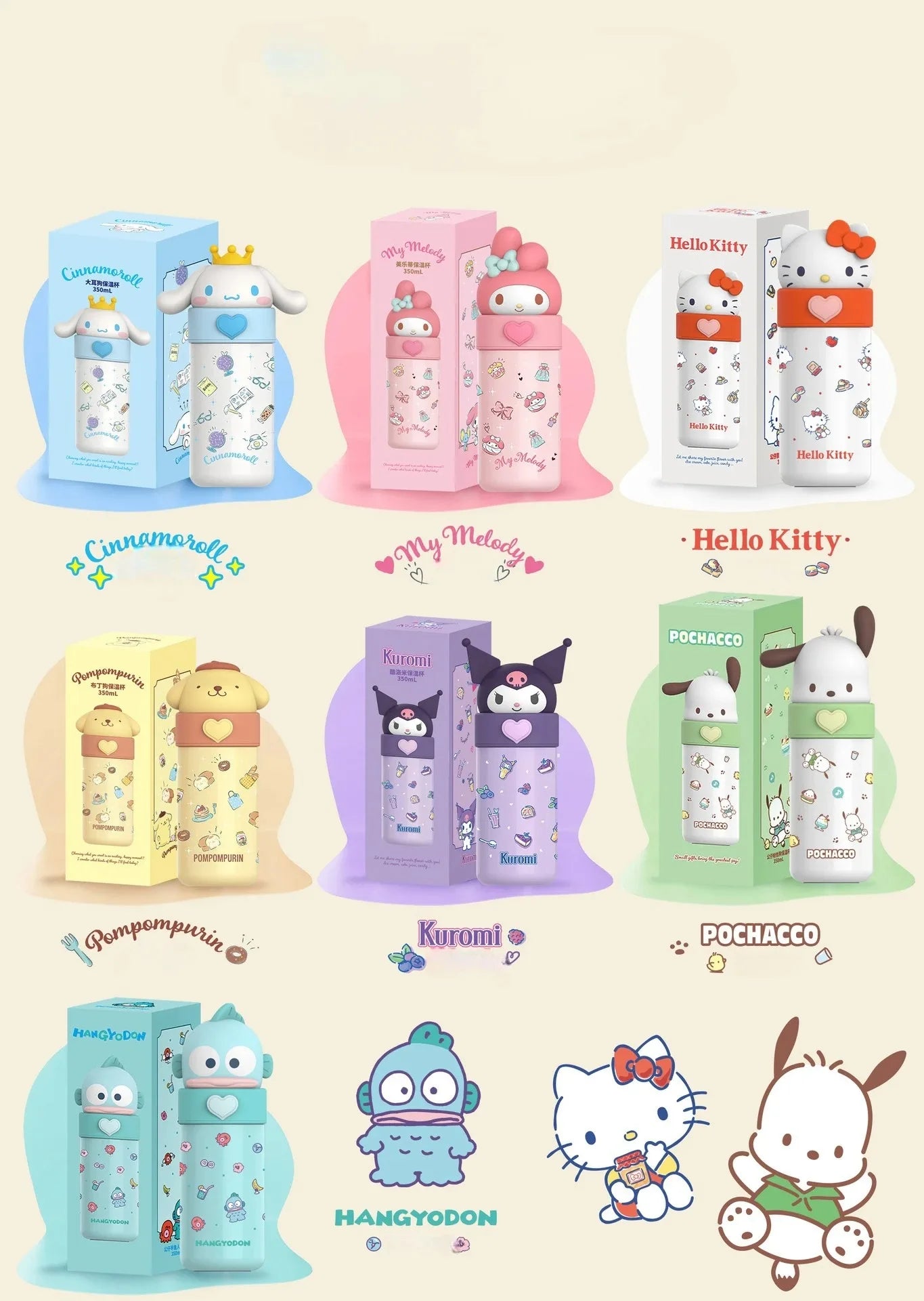 Sanrio Hello Kitty 350ml Stainless Steel Thermos Kawaii Kuromi Cinnamoroll Melody Kids Vacuum Flask Water Bottle Tumbler