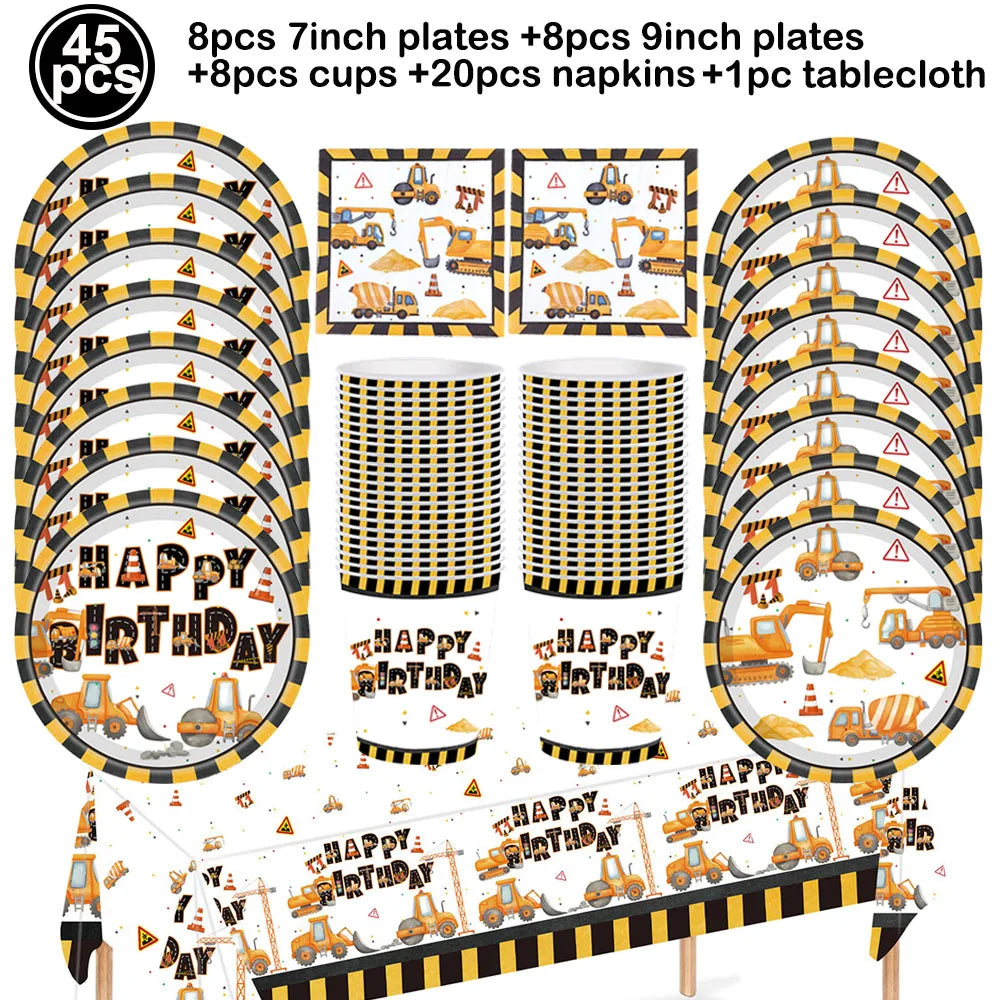 Construction Party Disposable Tableware Plates Cups Napkins Tablecloth Construction Truck Party Decor Excavator Party Favors