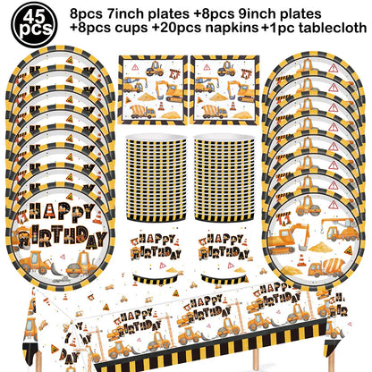 Construction Party Disposable Tableware Plates Cups Napkins Tablecloth Construction Truck Party Decor Excavator Party Favors