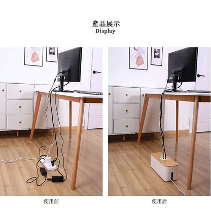 Cable Storage Box Power Strip Case Wooden Power Line Wire Management Organizer Anti-Dust Charger Socket Network Line Storage Bi