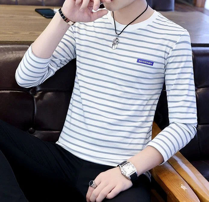 T Shirts for Men Stripe Tops Red Cotton Male Clothes Round Neck Harajuku Fashion Sale High Brand Regular Fit It Full Sleeve Tee