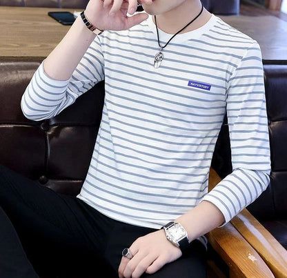 T Shirts for Men Stripe Tops Red Cotton Male Clothes Round Neck Harajuku Fashion Sale High Brand Regular Fit It Full Sleeve Tee