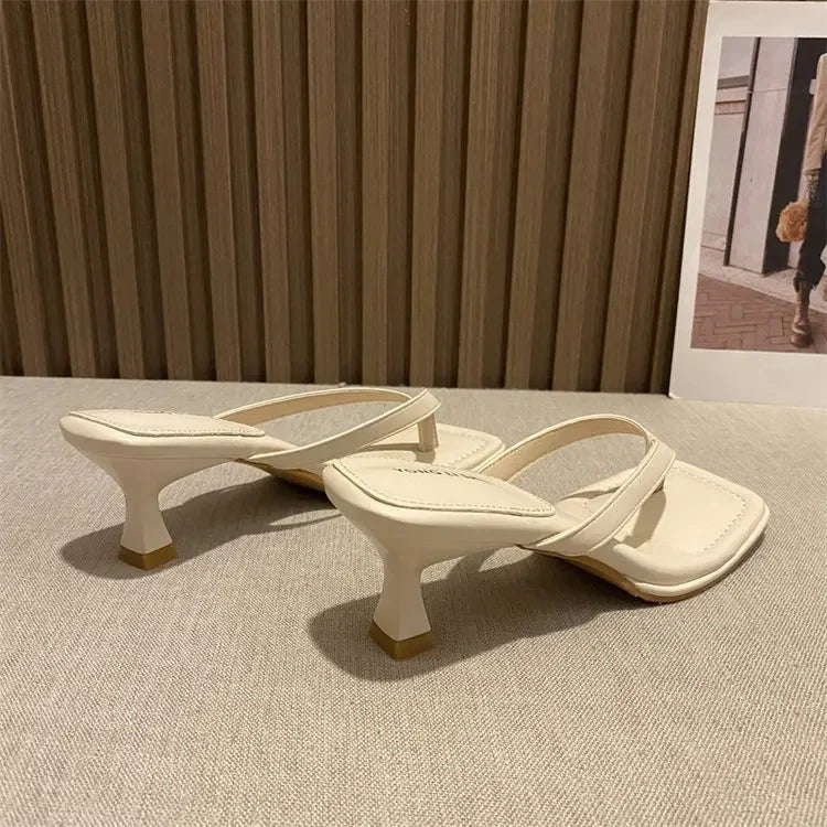 Flip Flops Women Summer Outside New Square Head Slim Heel Sandals Fashion Clip Toe Slippers Women Sandals Pantuflas De Mujer