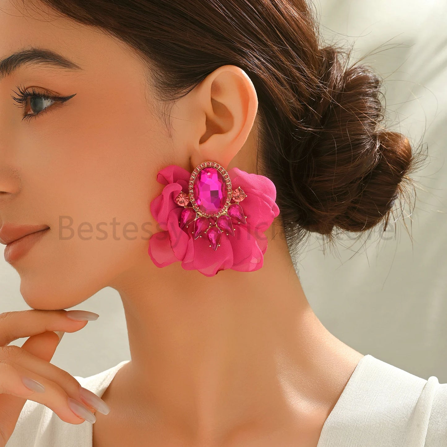 Bohemian Fabric Flower Earrings for Women Imitation Gemstone Floral Large Earrings Party Prom Beach Vacation Jewelry Accessories