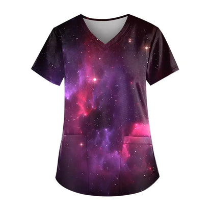 Scrubs Women Graphic with Pockets Short Sleeve Nurse Uniform Scrubs Tops Graphic Print Plus Size Work Clearance Scrub Shirts Sky