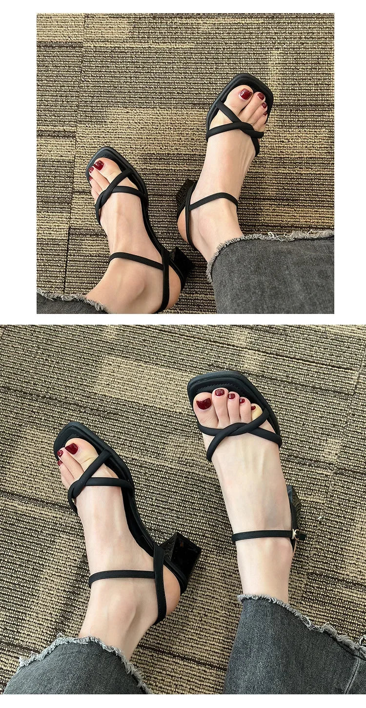 Sandals, 2025 Summer New Fashion Gentle Retro Chunky Non-slip Sandals, A Line with 5cm High Heels Summer Beach Sandals