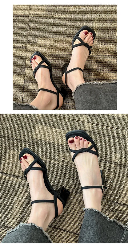 Sandals, 2025 Summer New Fashion Gentle Retro Chunky Non-slip Sandals, A Line with 5cm High Heels Summer Beach Sandals