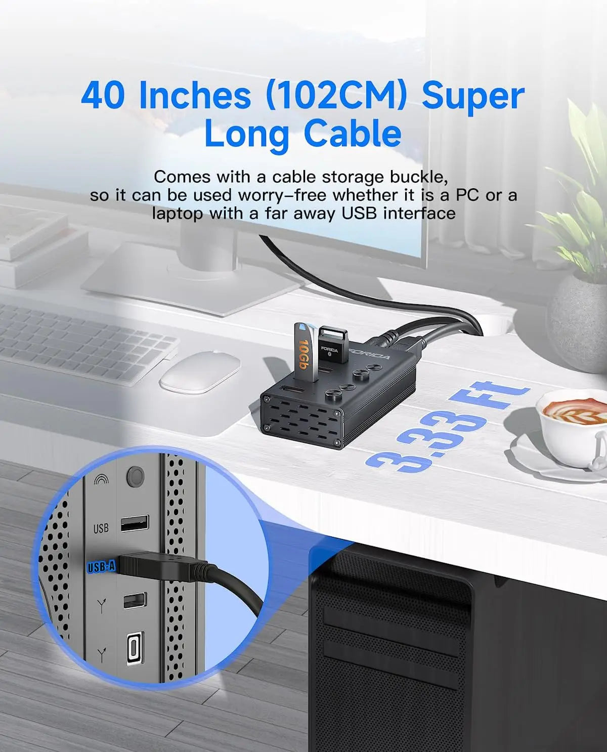 FORIDA USB C Hub 3.2 10Gbps 4/7 Port Aluminium Alloy Docking Stations Splitter LED Switches Adapter for MacBook Laptop Phone