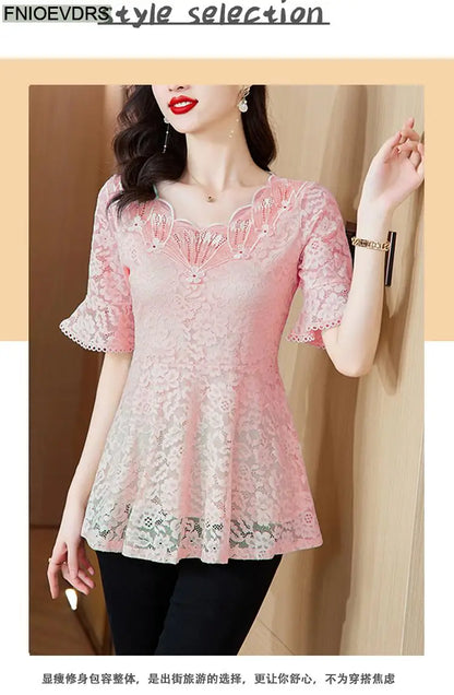 Office Shirts Basic Wear New Design 2025 Women Elegant Fashion Work Lady Bling Beaded Flare Sleeve Lace Tops Blouses