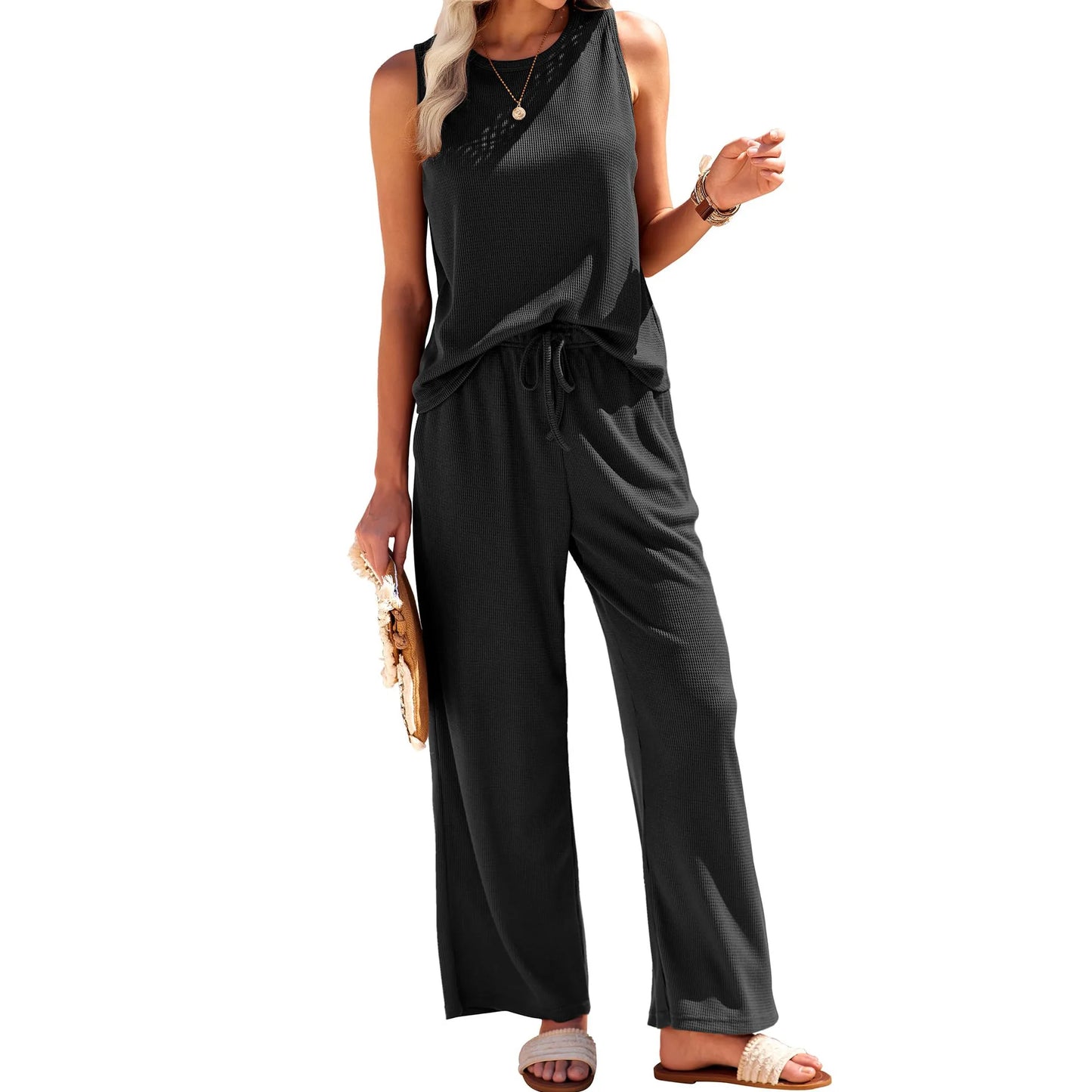 Women's Home Wear Suits Spring and Autumn Vest Top Trousers Two-piece Suit Waffle Pajamas Two-piece Suit