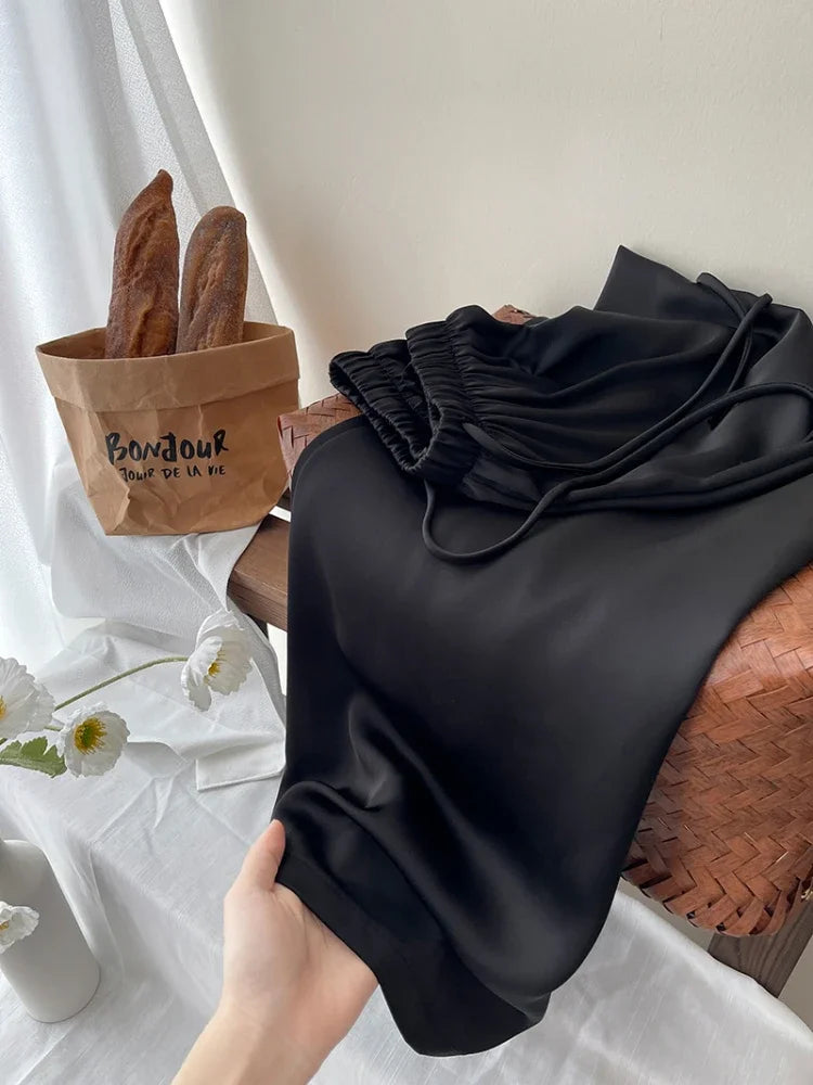 Women’s Satin Wide Leg Pants High Waist Drawstring Palazzo Pants for Work, Lounge, or Casual Wear