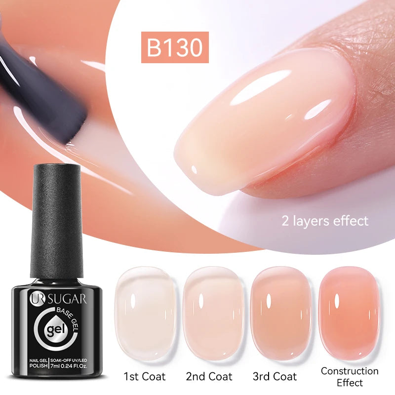 UR SUGAR 7ml Pale Pink Rubber Base Gel Nude Color Semi Permant Soak Off UV LED Self-leveling Gel Varnishes Great Coverage
